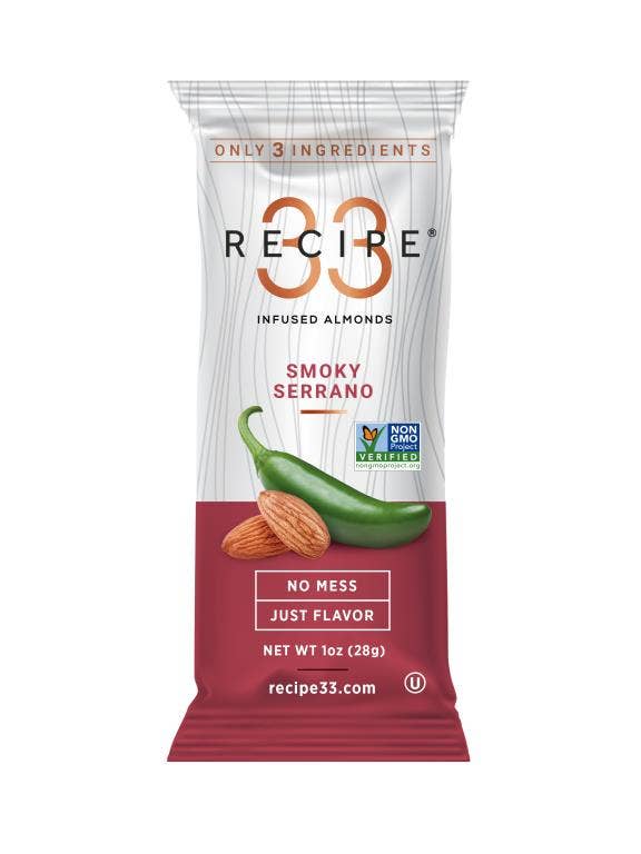 RECIPE 33 Smoky Serrano Infused Almonds 1oz for wholesale by RECIPE 33
