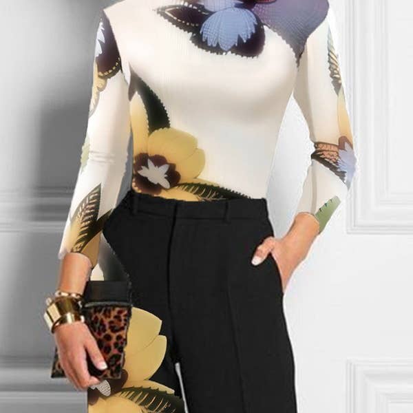 T-shirt a collo alto con stampa floreale skinny a maniche lunghe per la vendita all'ingrosso da parte di Sheer Trend