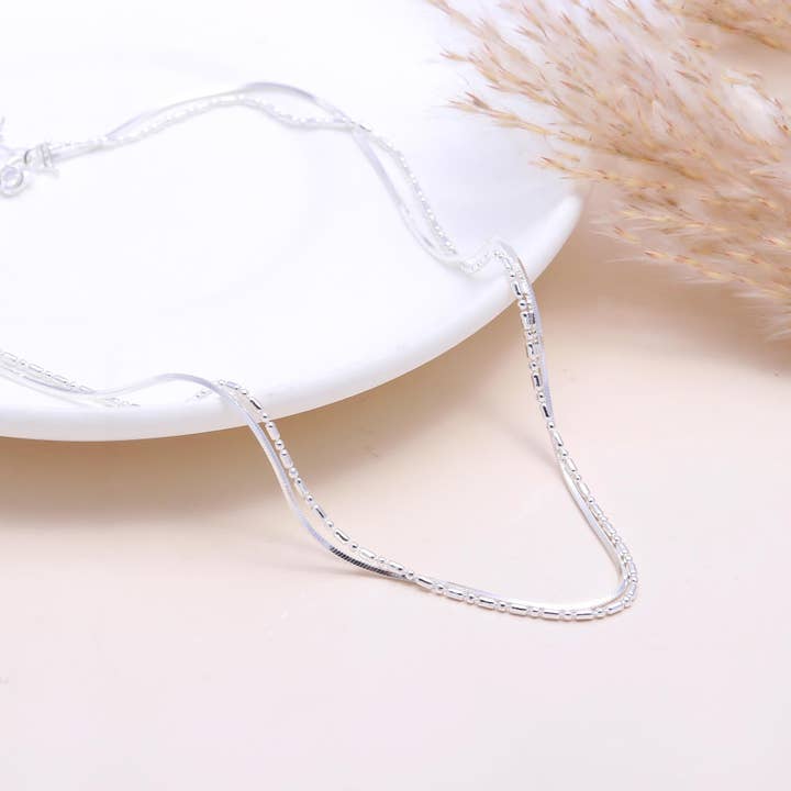 The Double Strand: Snake & Beaded Chain Layered Necklace for wholesale by AG 925 JEWELLERY