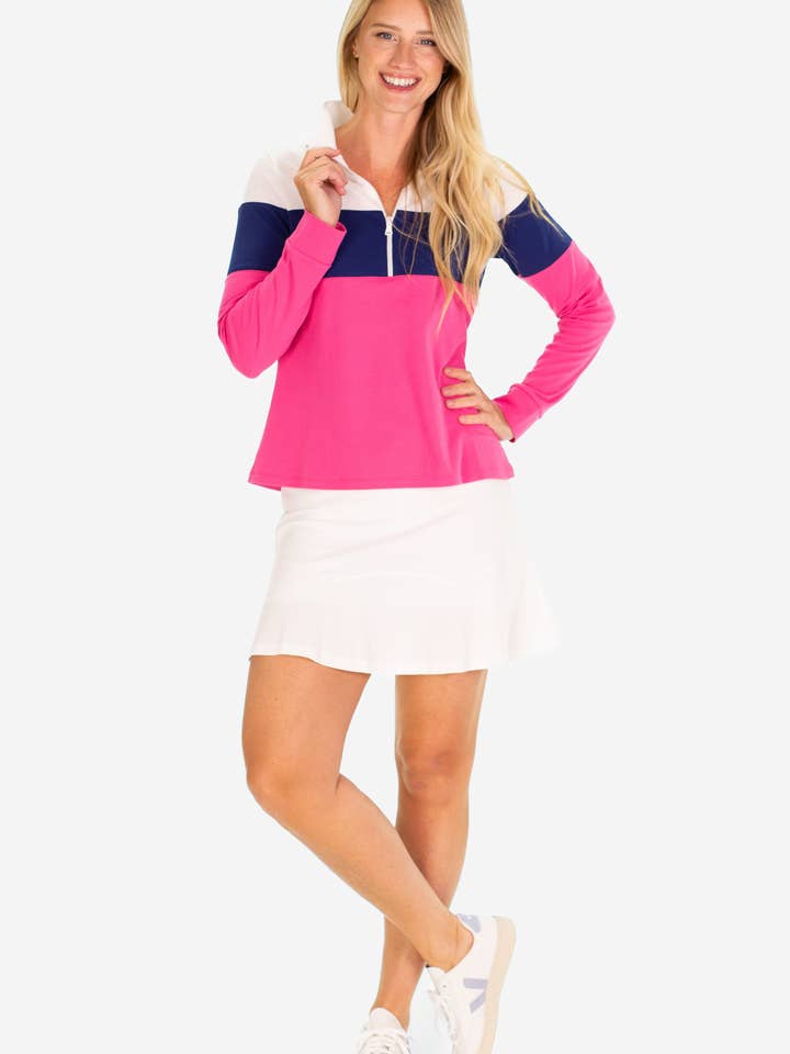 The Pique Misty Quarter Zip in Raspberry Colorblock for wholesale by Duffield Lane