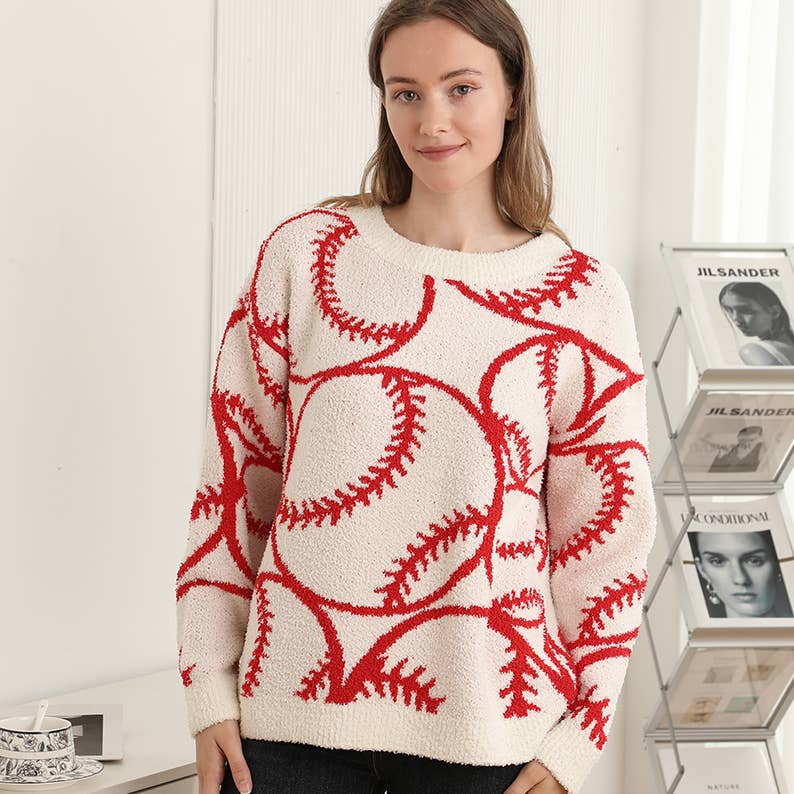 Baseball Jacquard Cozy Crew Neck Sweater  for wholesale on Faire4