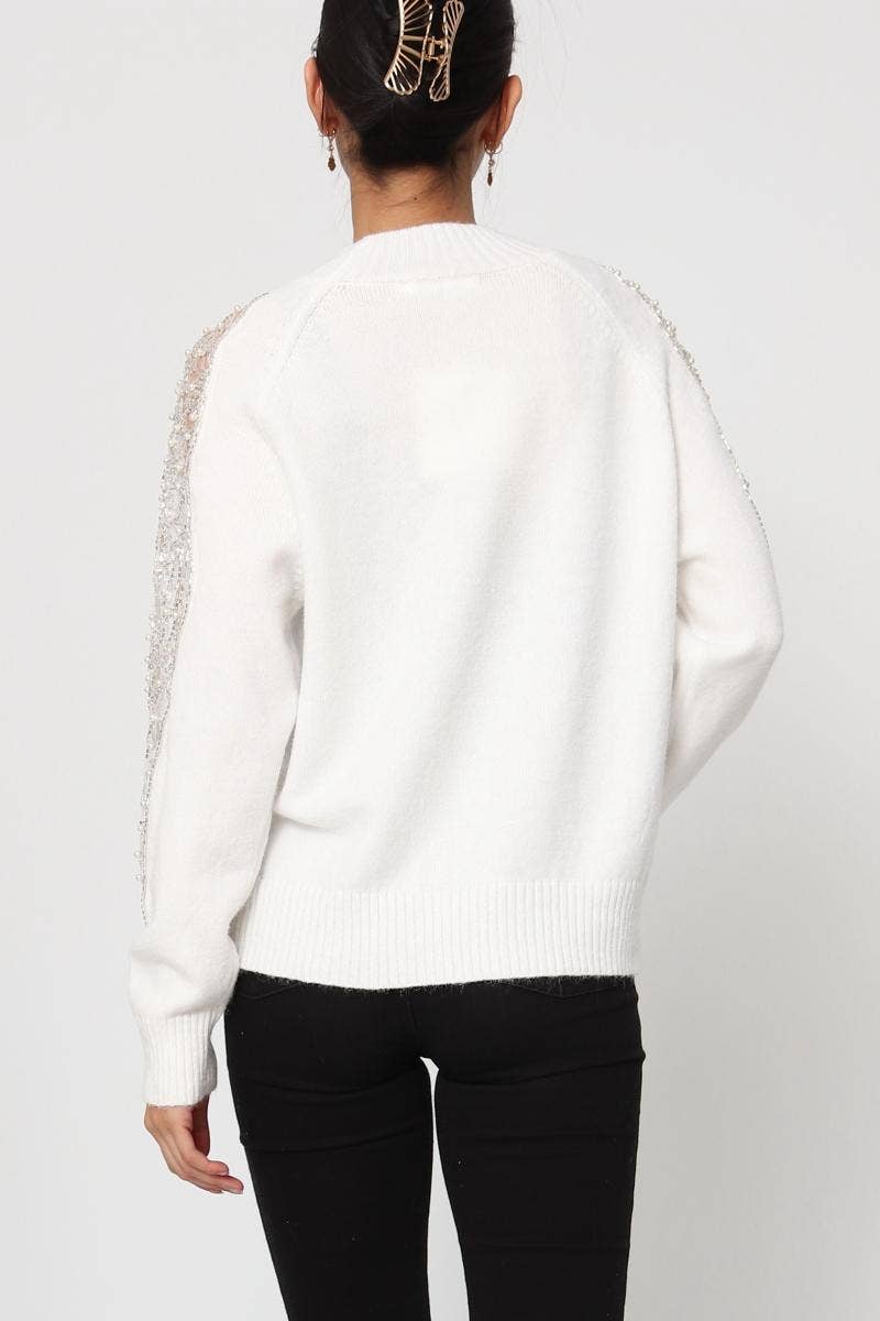 DIX-ONZE - Wholesale Knit Sweater - Women's - Soft Knit Sweater – Sequin & Pearl Details on Sleeves10