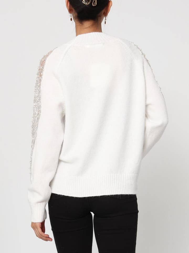 DIX-ONZE - Wholesale Knit Sweater - Women's - Soft Knit Sweater – Sequin & Pearl Details on Sleeves10