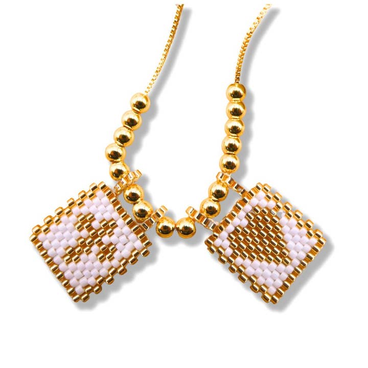 Gold-Plated White Miyuki Necklace with Cross and Heart Charms 18-inch for wholesale by Guadalupe Gifts