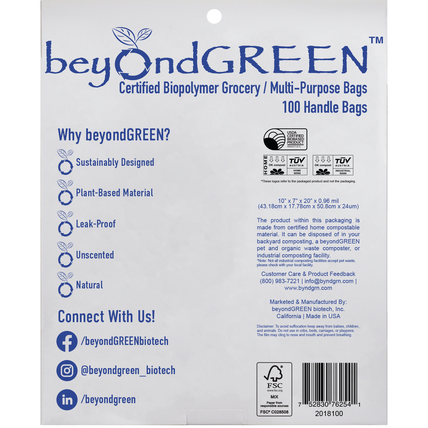 beyondGREEN biotech, Inc. - Vente Sacs de course/à provisions - Sacs polyvalents BeyondGreen - 100 sacs avec poignées3