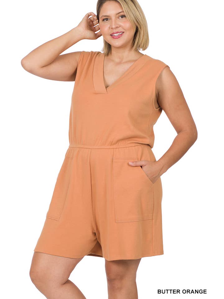 42POPS - Wholesale Romper - Women's - "._ PLUS SIZE COTTON SLEEVELESS ROMPER WITH POCKETS