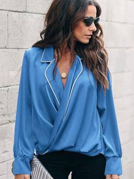 Premium Notched Collar Satin Shirt In Blue, size M for wholesale by FS Collection