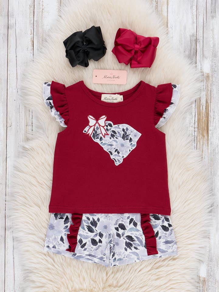 Marie Nicole Clothing - Wholesale Top & Short Set - Kids - South Carolina Embroidered Floral Ruffle Outfit