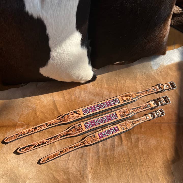 Westrian International - Wholesale Pet Collar - Dog - Western Equestrian Tooled Pink Leather Beaded Dog Collar4