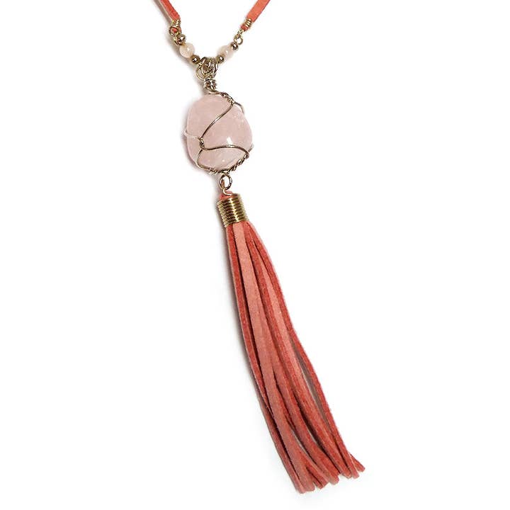 Pichincha - Wholesale Pendant/Charm Necklace - Wire Wrapped Stone Pendant Tassel Dangle Suede Necklace