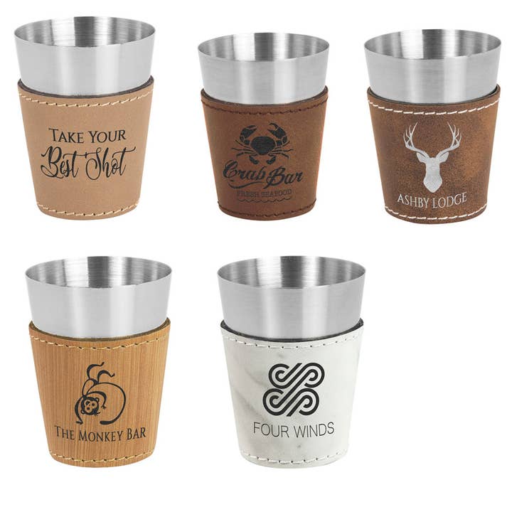 2 oz. Laserable Leatherette & Stainless Steel Shot Glass for wholesale by Happy Gift Express