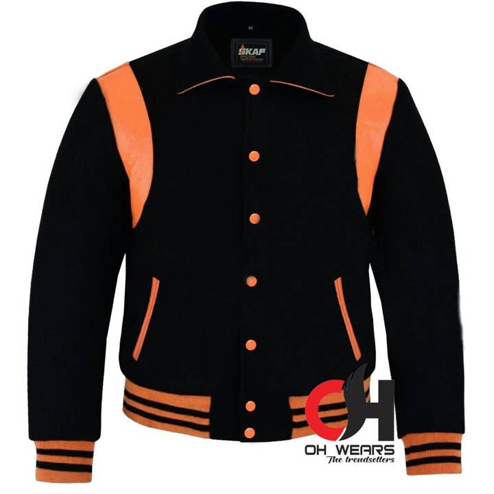 Herrarnas Varsity Byron-krage Svart Ull Orange Läder Ränder Baseball Bomber Letterman Jacka Varsity Herrarnas Damernas Barnens collegejackor för wholesale av OH Wears