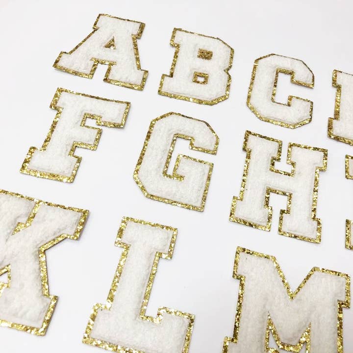White Chenille Iron On Gold Glitter Letter Patches for wholesale on Faire1