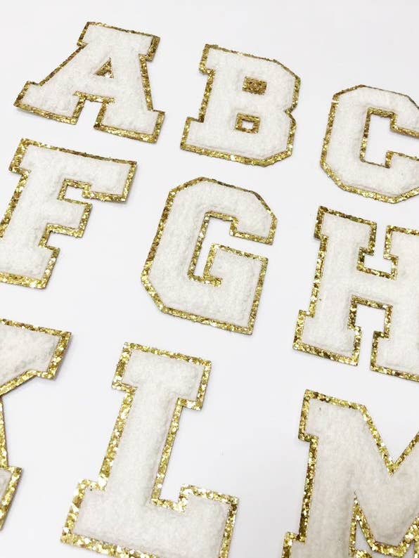 White Chenille Iron On Gold Glitter Letter Patches for wholesale by Scratch Decor