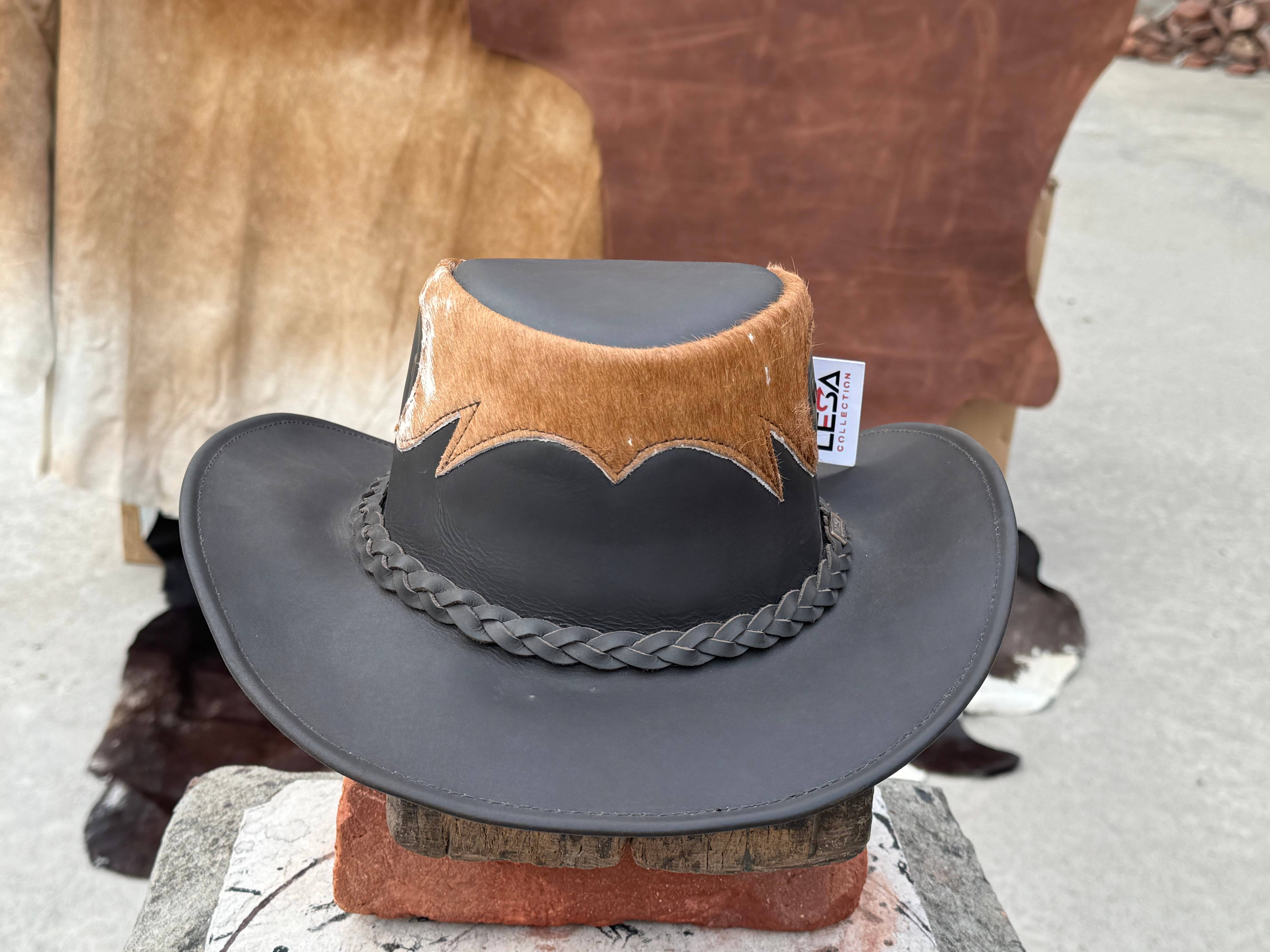 Lesa collection inc - Vente Chapeau de cowboy – unisexe - Chapeau de cowboy en cuir marron et noir Tri style occidental unisexe6