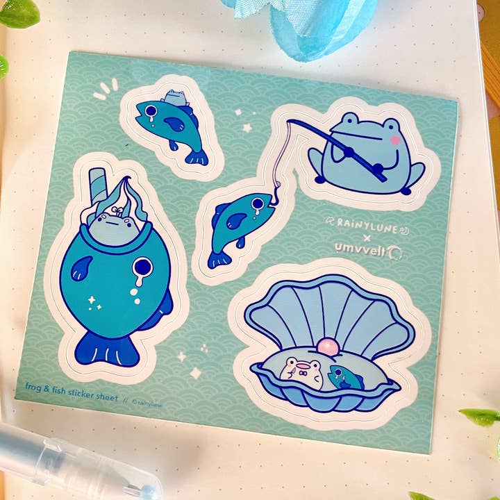 Fishing Frogs Sticker Sheet - Umvvelt x Rainylune for wholesale by Rainylune