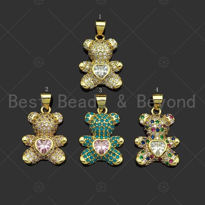 CZ mikropave färgglad hjärta på björnhänge, cubic zirconia-berlock för halsband och armband, 20x15 mm för wholesale av BestBeads&Beyond