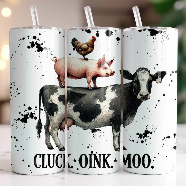 Cluck Oink Moo Farm Animals 20oz Skinny Tumbler for wholesale by Dogwood Graphics & Design