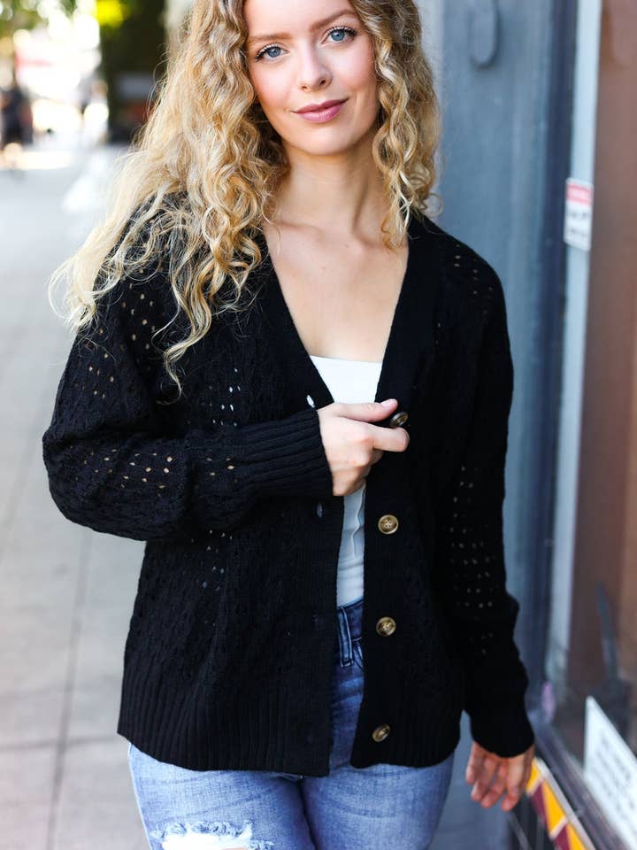 Follow Me Black Pointelle Knit Button Down Cardigan (Open Pack) for wholesale by Promenade