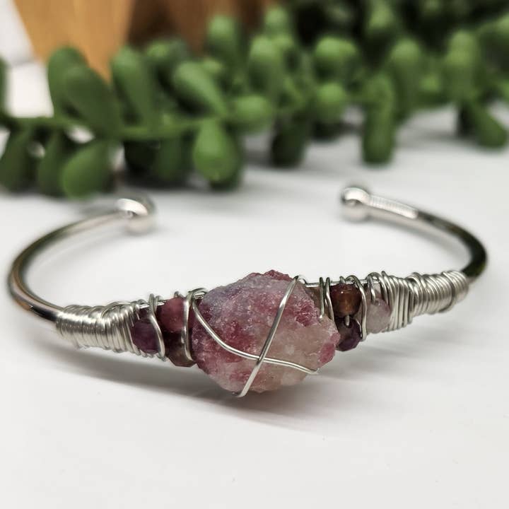 Meraki Gemstones - Wholesale Cuff Bracelet - Pink Tourmaline/Pk. Tourm.Rough Gemstone Wire Wrapped Bangle