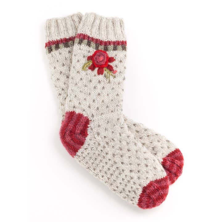 Lost Horizons Canada - Wholesale Socks - Women's - Aubrey Wool Socks Hand Knit With Embroidered Floral Detail3