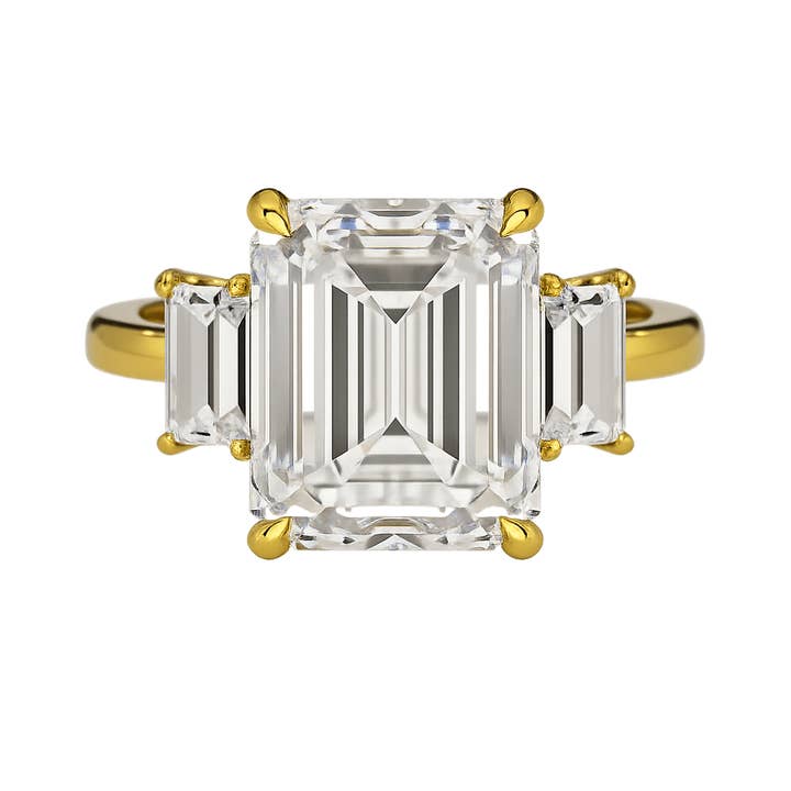 5 Carat Emerald Cut Lab Grown Diamond Three Stone Engagement Ring for wholesale by Evara Jewelry