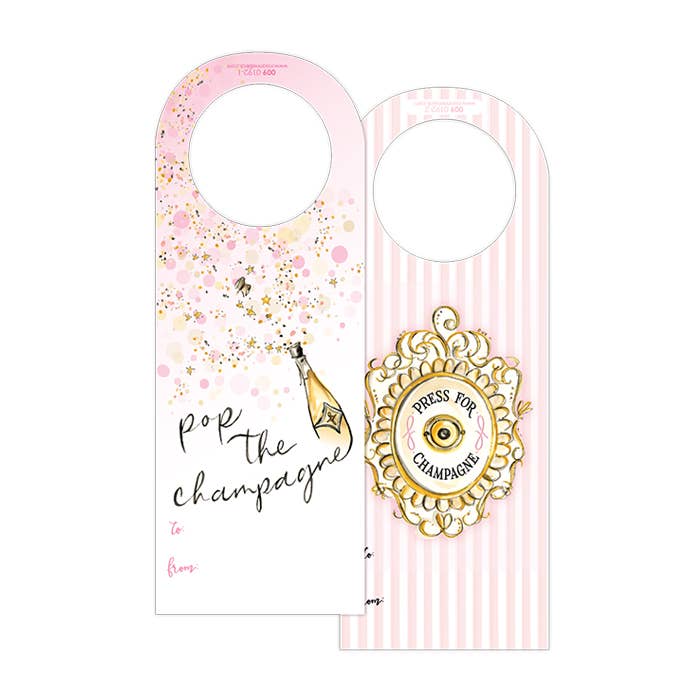 RosanneBeck Collections - Venta al por mayor Etiquetas de regalos - Etiqueta de vino troquelada Pop the Champagne pintada a mano
