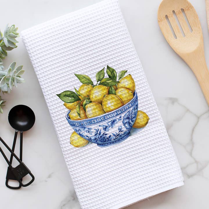 Chinoiserie Lemon Bowl Towel, Waffle Weave Kitchen Towel for wholesale by Canary Road