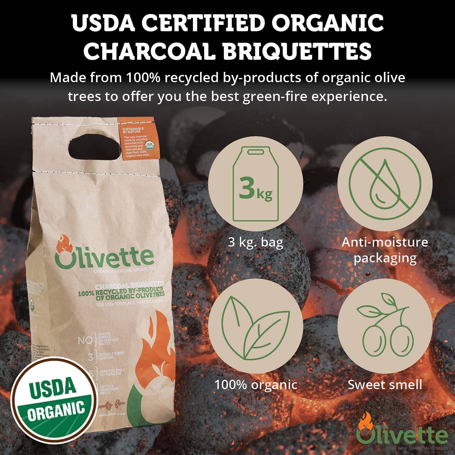 ATLAS OLIVE OILS - Wholesale Fire Pit - Olivette Organic Charcoal Briquette for BBQ|USDA Organic|3Kg6