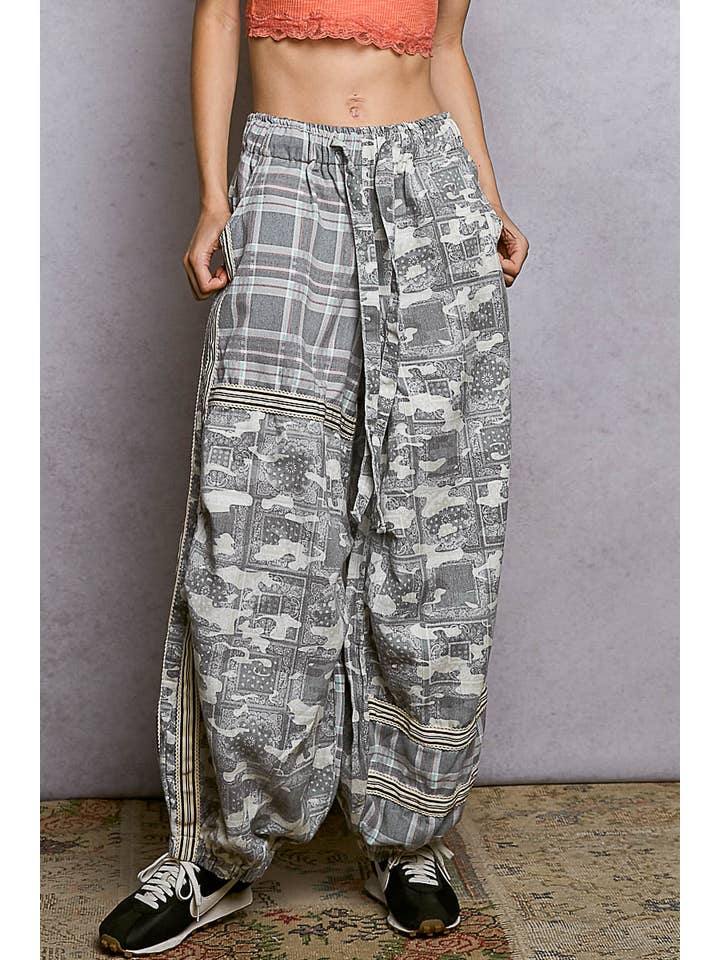 Pol Clothing - Wholesale Pants - Women's - Printed Woven Contrast Band Trim Jogger Pants