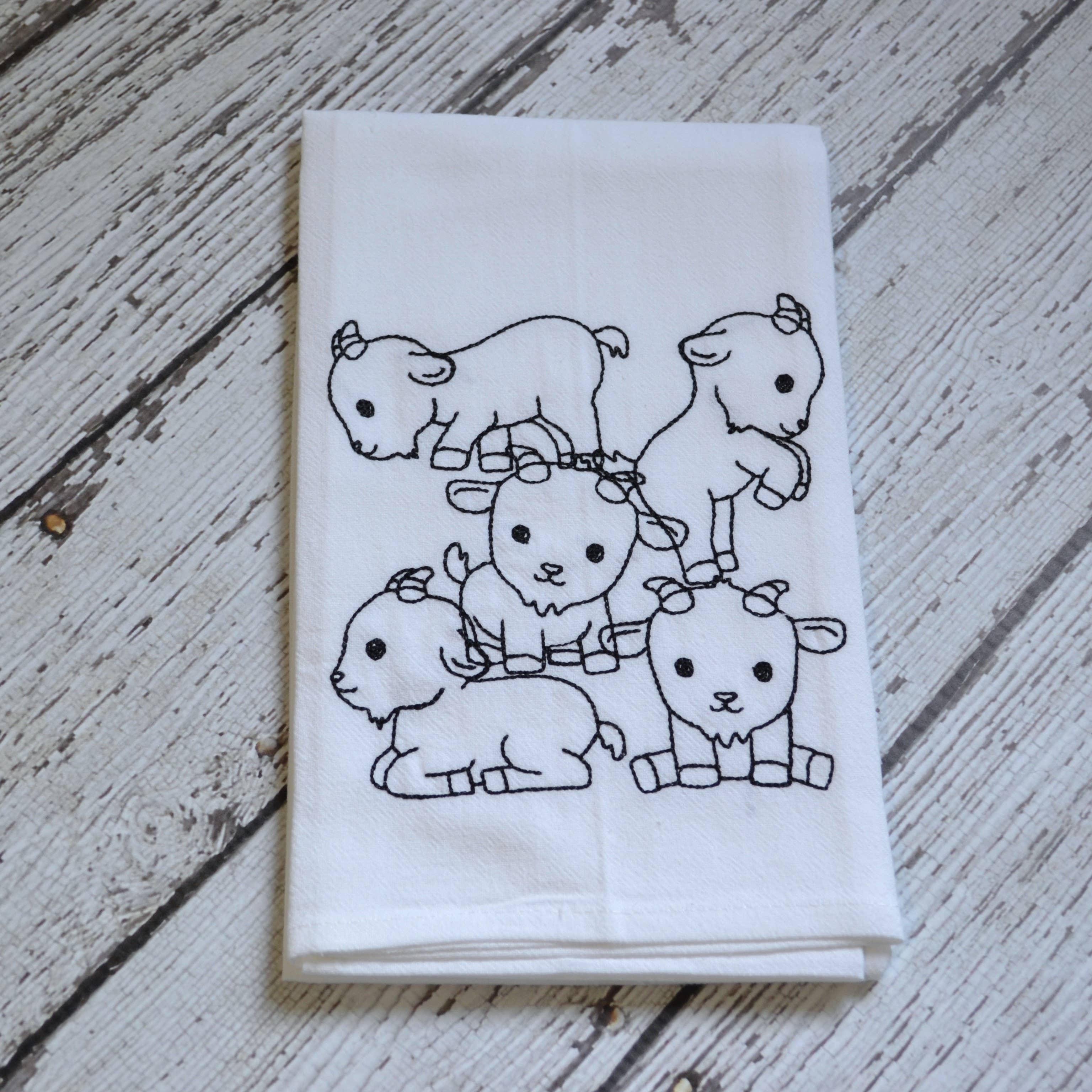 SewMuchMoreStore - Wholesale Tea Towel - Lots of Goats Tea Towel - Embroidered Floursack Towel1
