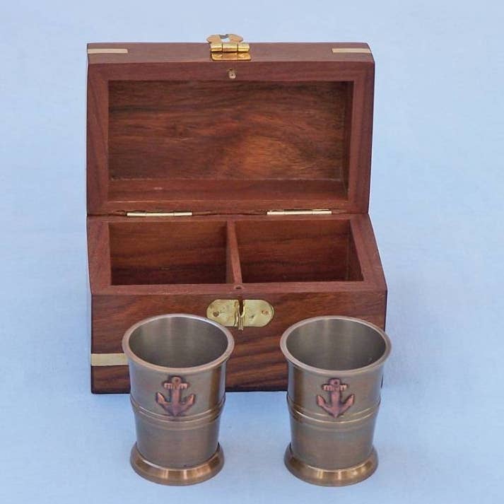Hampton Nautical - Wholesale Shot Glass - Antique Brass Anchor Shot Glasses With Rosewood Box 4" - Set
