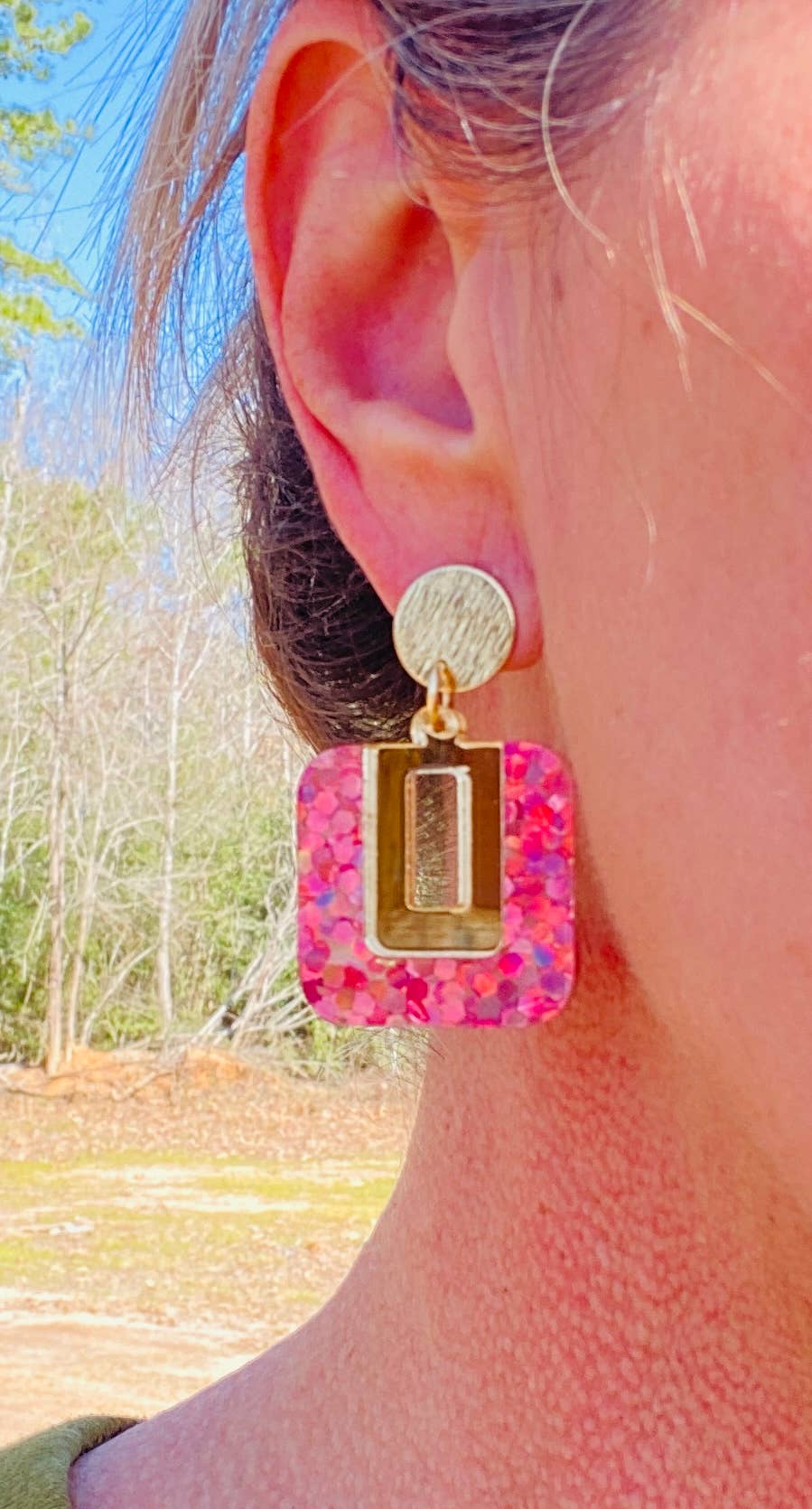 Sandy Lou Designs - Wholesale Dangle Earrings - BE SQUARE PINK HOLOGRAPHIC GLITTER AND GOLD EARRING 2