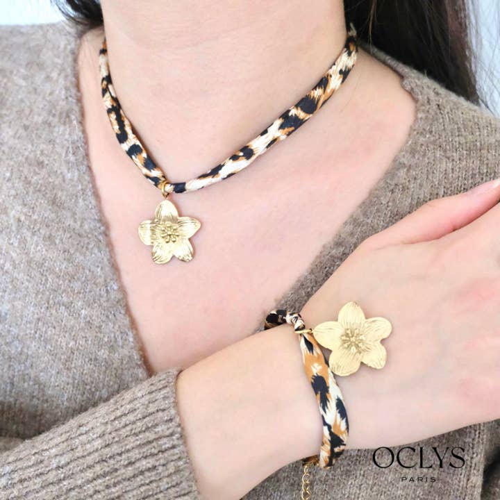 Oclys - Wholesale Woven/Braided Bracelet - Leopard flower fabric ribbon bracelet stainless steel Marly