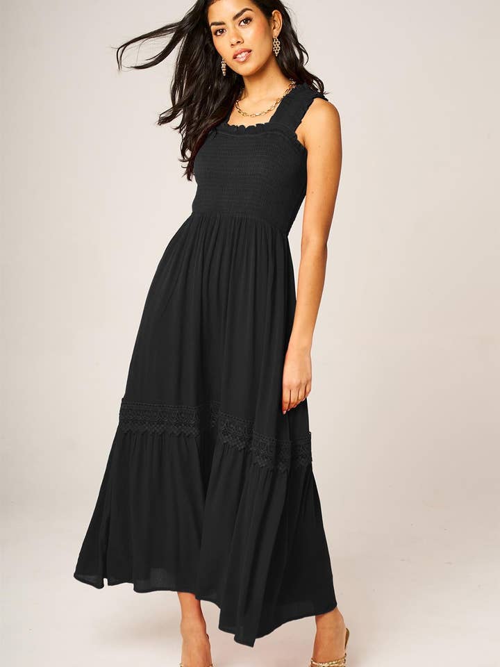 Lace Detail Tiered Maxi Dress In Black for wholesale by FS Collection
