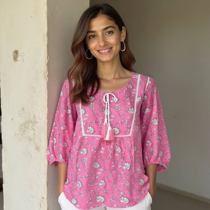 The Indian Bazaar - Wholesale Tunic - Women's - Women's Tunic - Pink and White Floral Print, Tie Strings