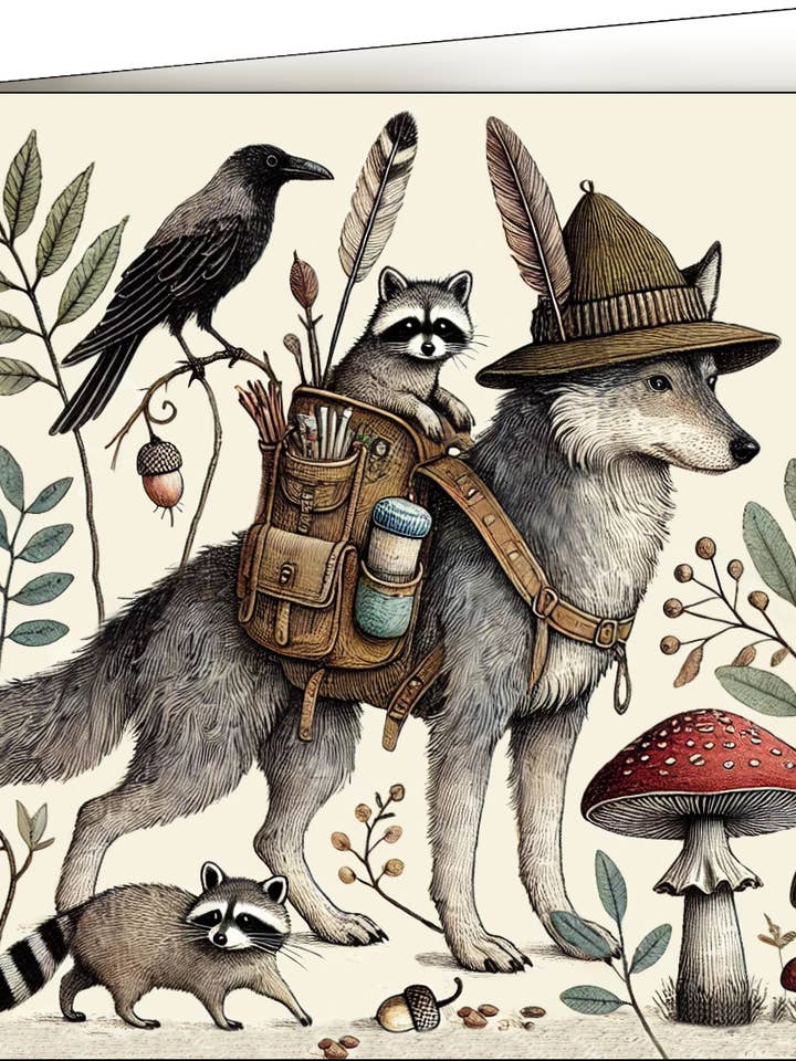 Greeting Card, Wolf, Crow & Raccoons for wholesale by Thistle and Tale Press