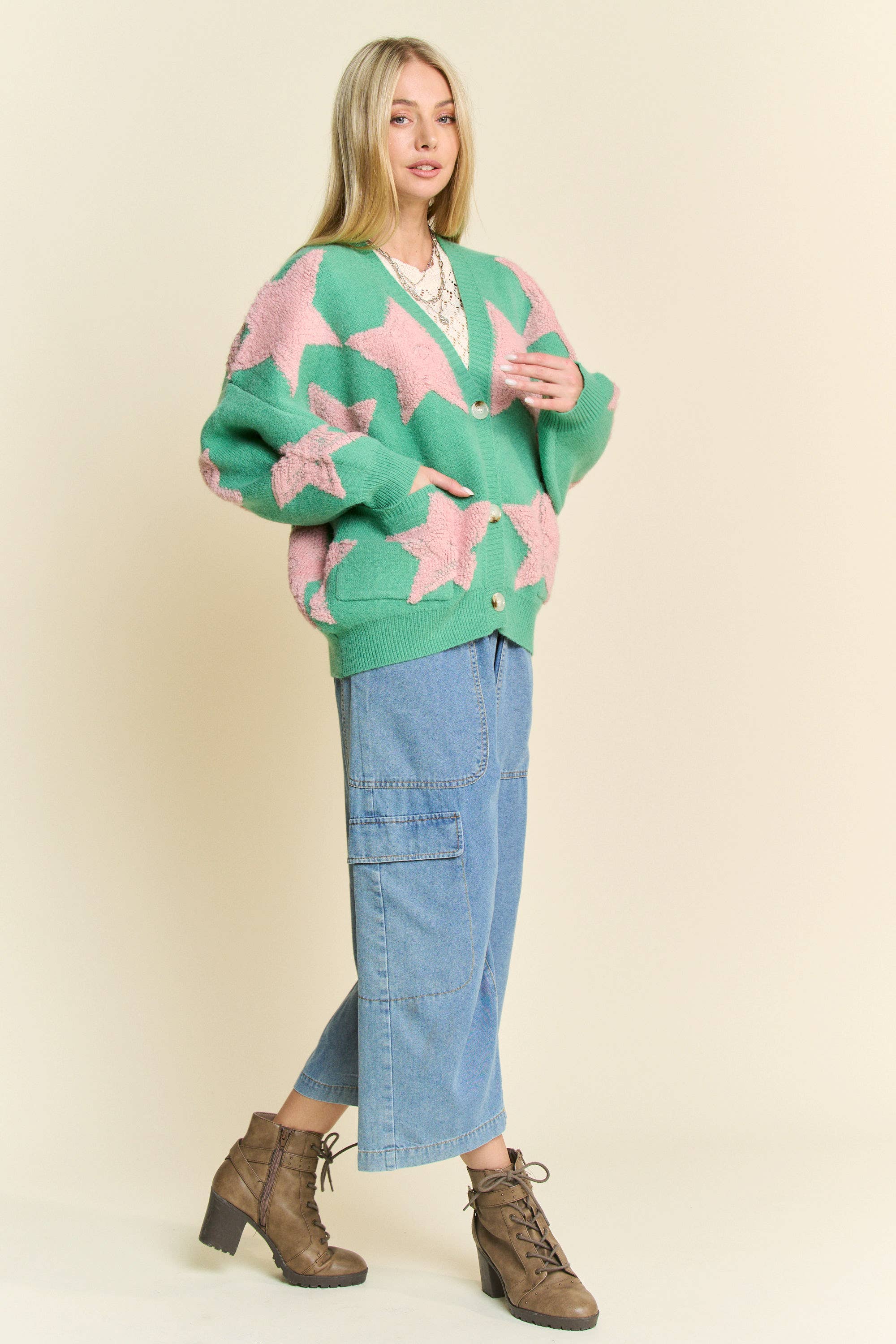 Davi & Dani - Wholesale Cardigan - Women's - FUZZY KNIT STAR LOOSE FIT BUTTON DOWN CARDIGAN6