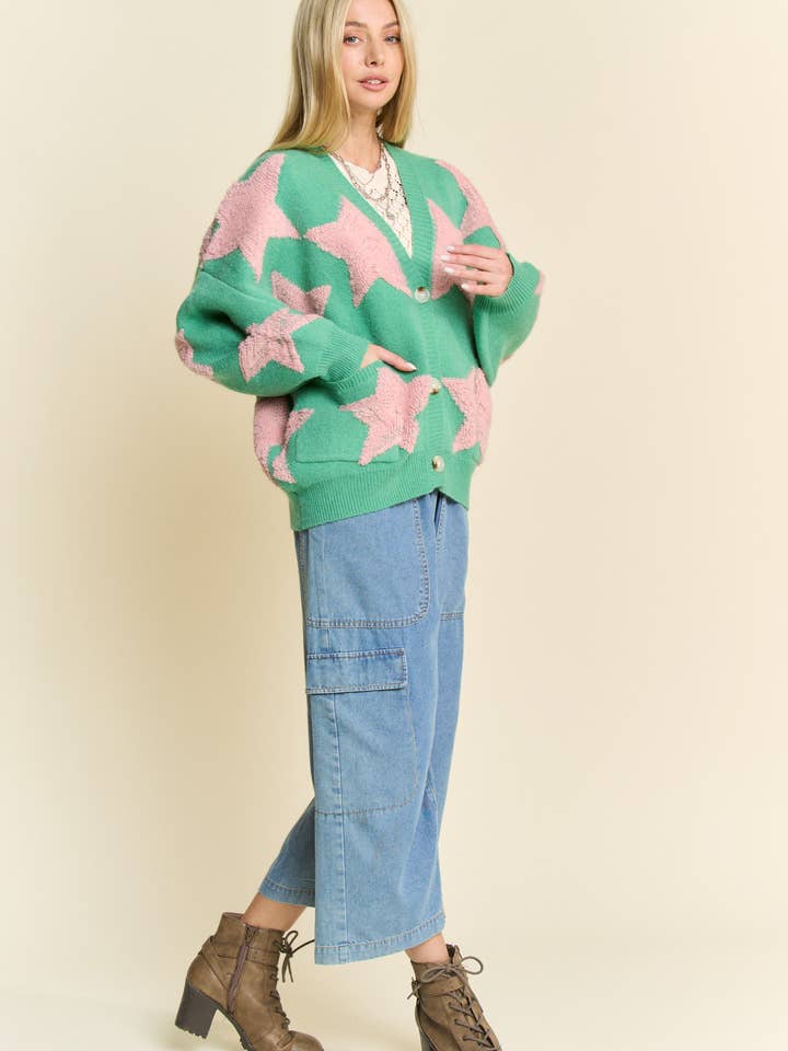 Davi & Dani - Wholesale Cardigan - Women's - FUZZY KNIT STAR LOOSE FIT BUTTON DOWN CARDIGAN6