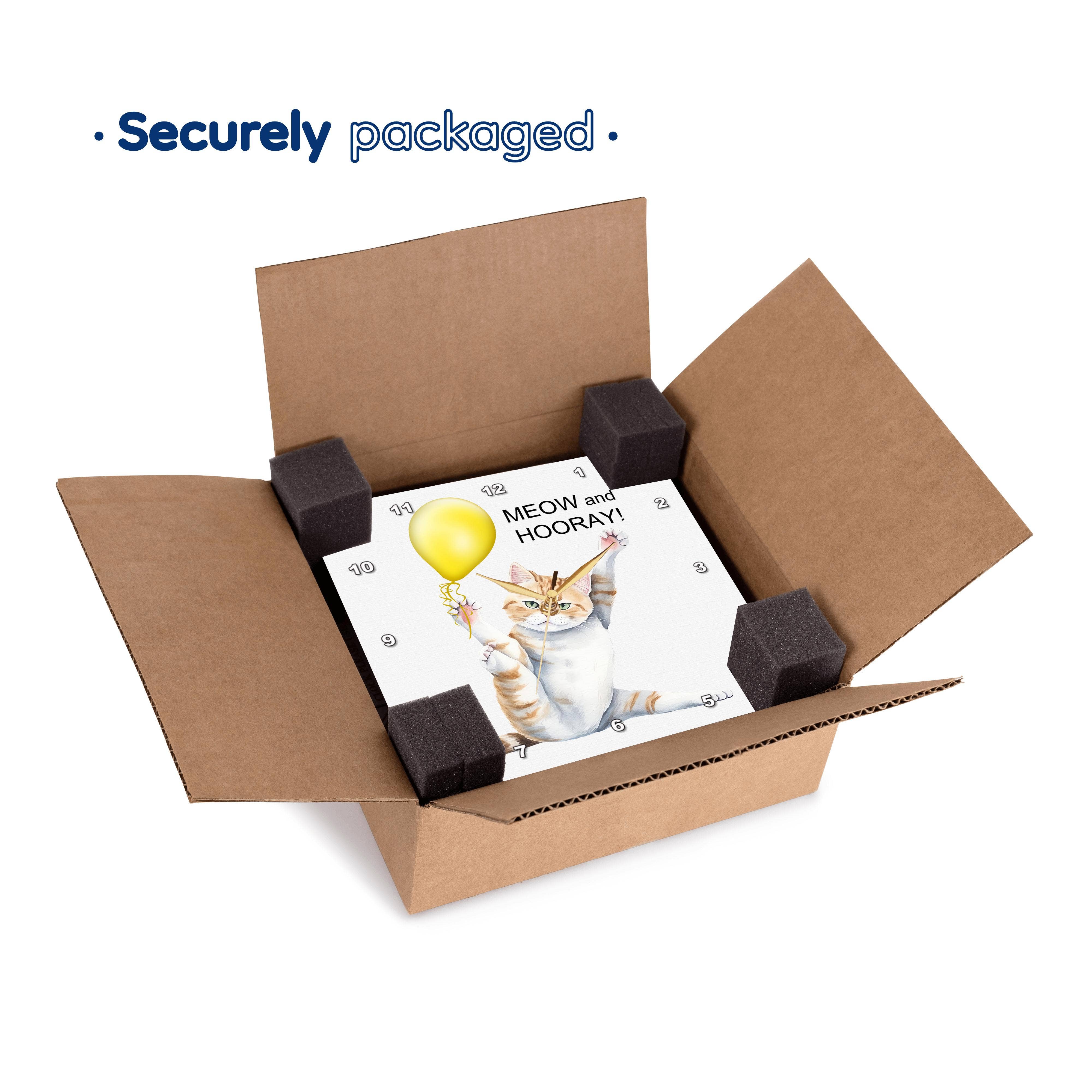 3dRose - Wholesale Wall Clock - 3dRose, Cute Meow and Hooray Kitty Cat in a Yoga Position with Yellow Balloon, Wall Clock6