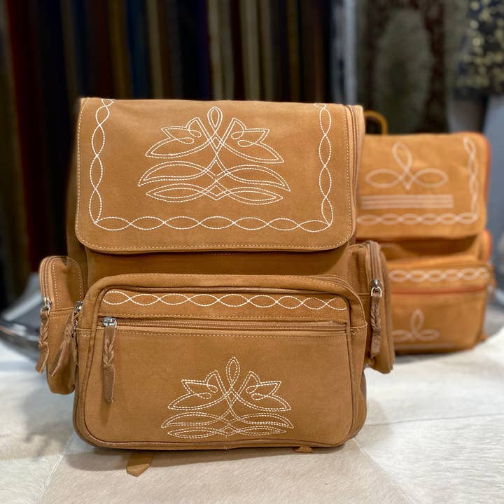 Western Linens - Wholesale Backpack - Women's - Tan Suede leather Boot Stitch Backpack