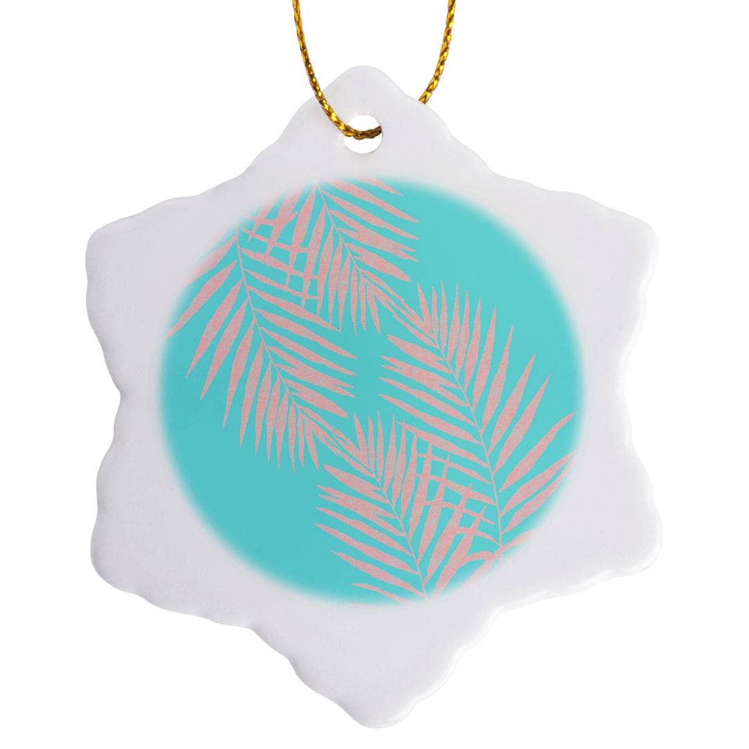 3dRose - Wholesale Ornament - 3dRose, Aloha Pink Palm Foliage Tropical on Blue Beach Pattern, Ornament0