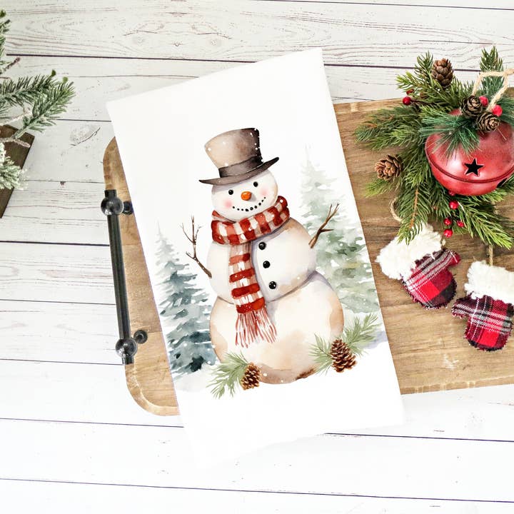 Asciugamano da cucina natalizio con pupazzo di neve ad acquerello con pini per la vendita all'ingrosso da parte di Love You a Latte Shop