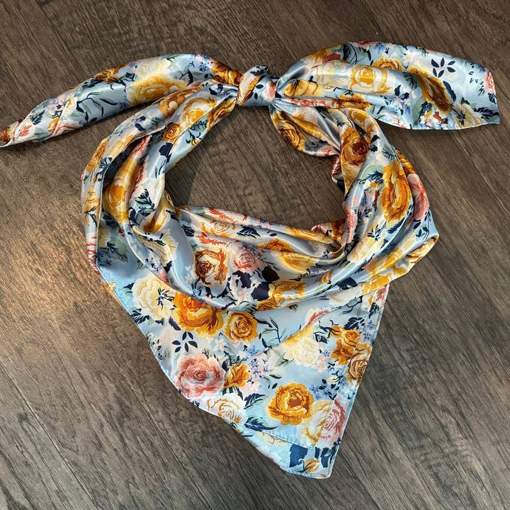 Wild Rag light blue and gold yellow rose Floral Cowboy Western Neck Scarf Bandanna by Double B Wild Rags for wholesale by Double B Wild Rags