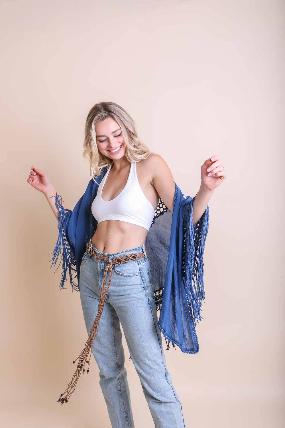 Leto Accessories - Vente Kimono – femme - Kimono à franges en crochet boho chic pour festival 🖤7