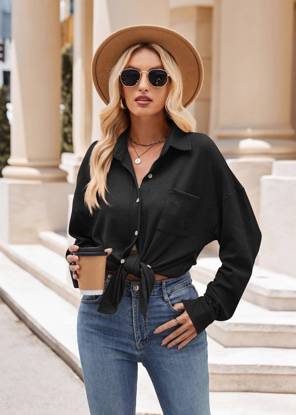 Lovesoft - Wholesale Button Down Shirt - Women's - Women's Casual Loose Pocket Waffle Fashion Shirt14