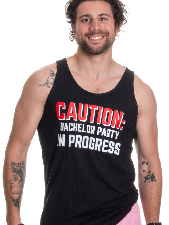 Caution: Bachelor Party in Progess | Stag Guys Night Out Wedding Unisex Tank Top for wholesale by Ann Arbor Tees