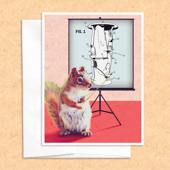 Carte de voeux humoristique Squirrel/Birdfeeder 101 pour la vente par Colossal Sanders