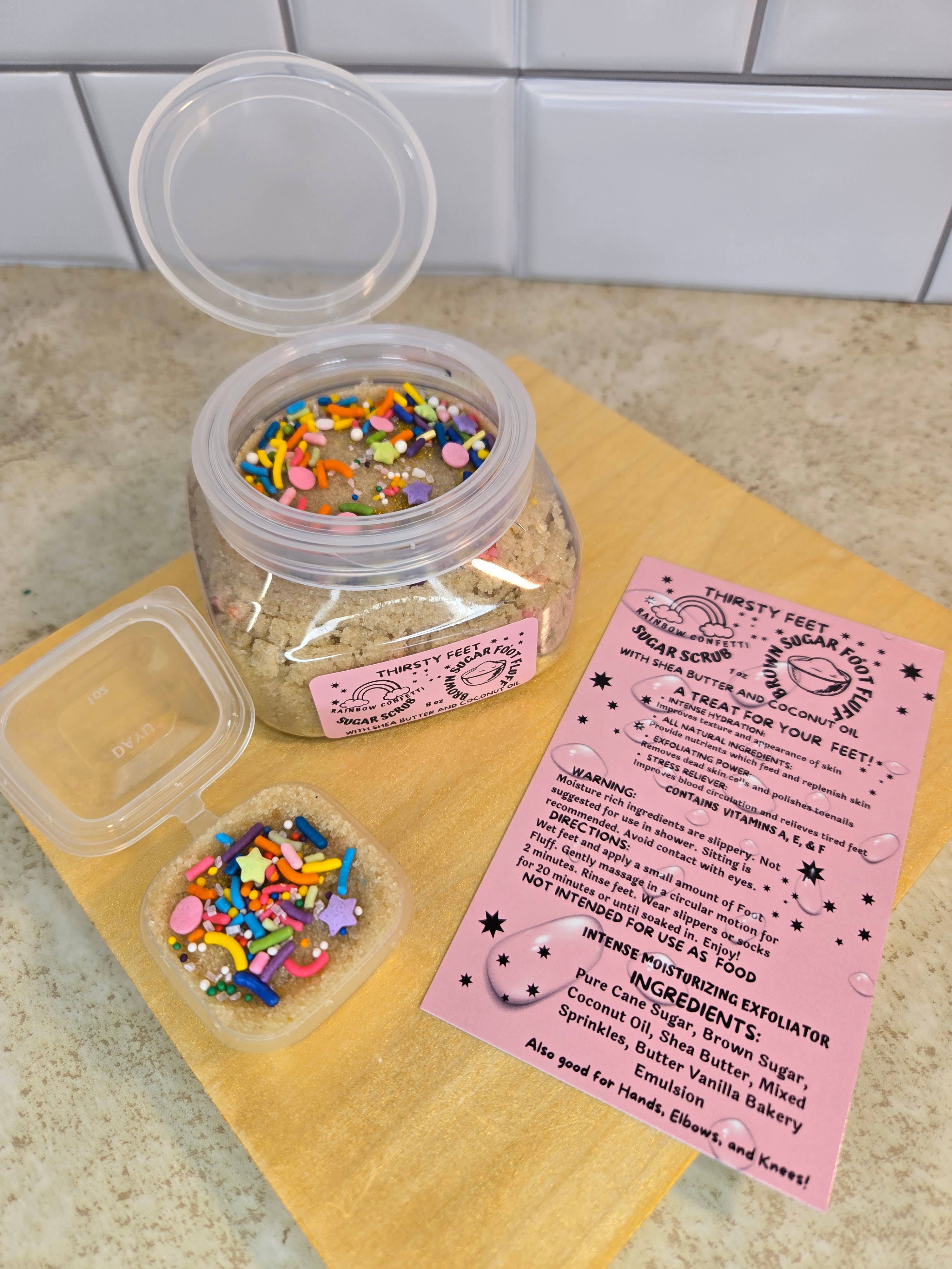 THIRSTY FEET®️ - Vente Gommage/exfoliant pour les pieds - Gommage au sucre pour les pieds à la cassonade et confettis arc-en-ciel en pot de 8 oz3