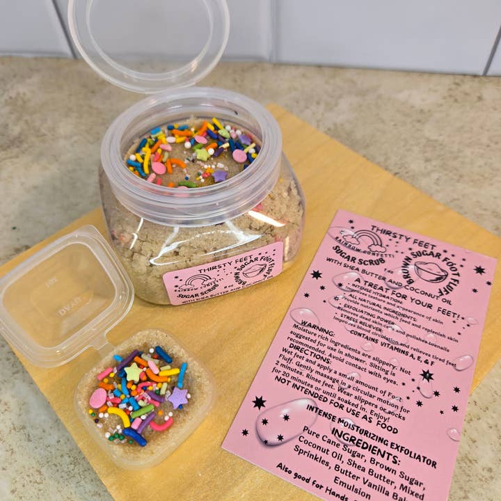 THIRSTY FEET™️ – wholesale Foot scrub/polish – Rainbow Confetti Brown Sugar Foot Fluff Sugar Scrub 8 oz Jar3